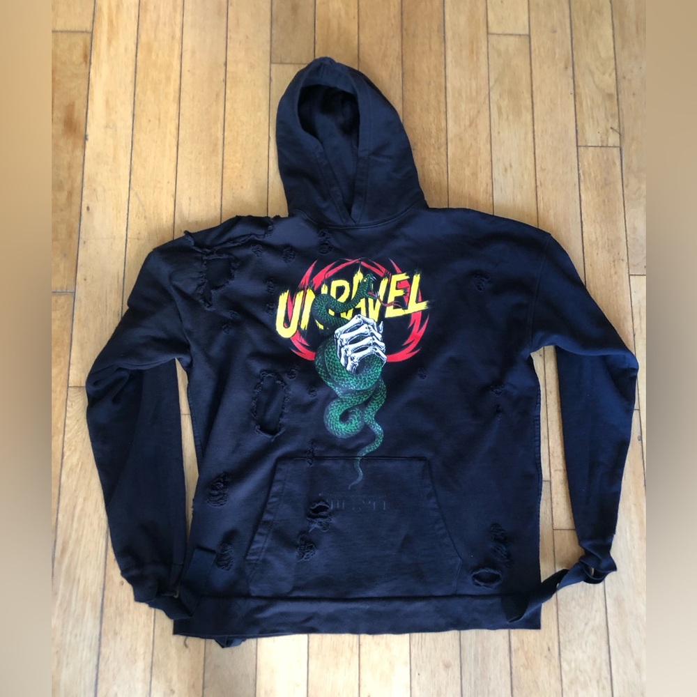 Unravel Project authentic distressed snake black hoodie. Unisex, loose fit. XS